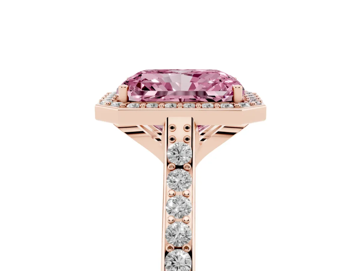 Fancy Pink Radiant Cut Diamond Halo Engagement Ring with Round Pavé Shoulders and Prong Setting Rose gold