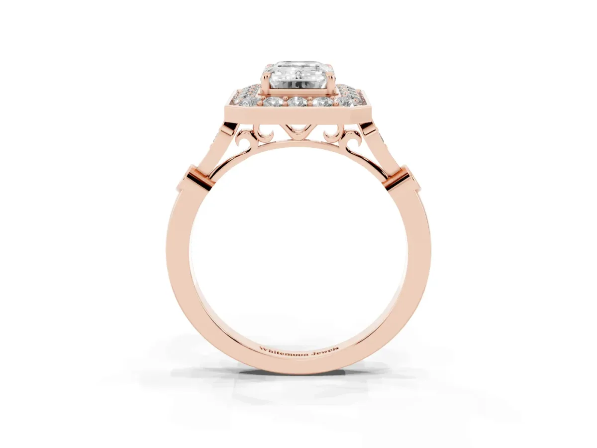 Emerald Cut Halo Diamond Engagement Ring with Twisted Band and Four-Prong Setting Rose gold