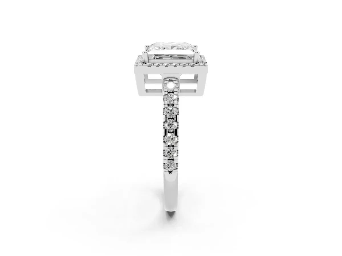 Princess Cut Diamond Halo Ring with Pavé Band and Four-Prong Setting Silver