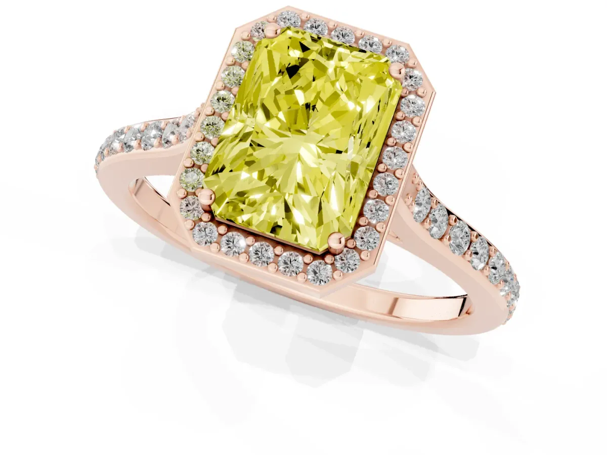 Fancy Yellow Radiant Cut Diamond Halo Engagement Ring with Round Pavé Shoulders and Prong Setting Rose gold