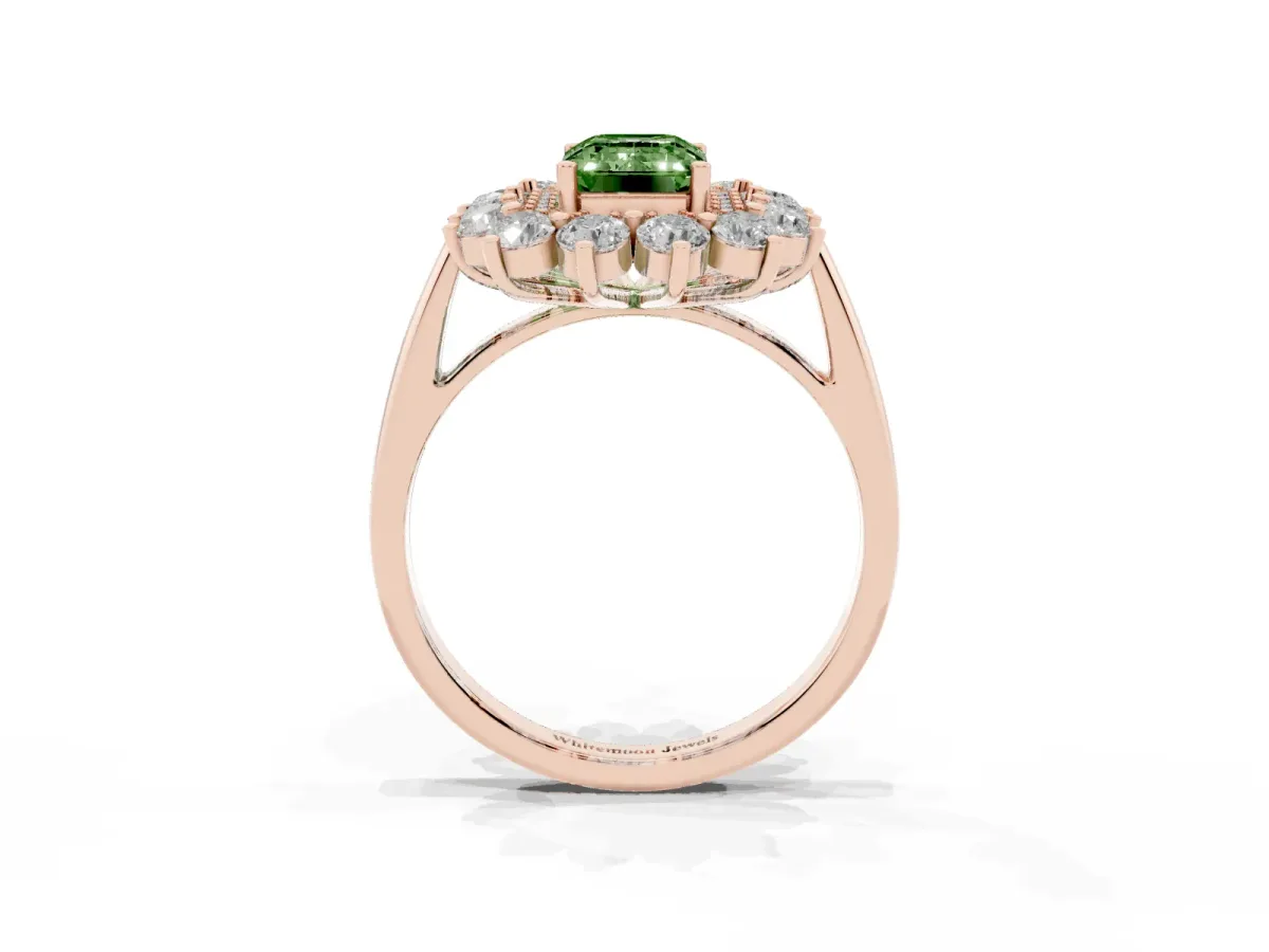 Fancy Green Emerald Cut Diamond Floral Double Halo Engagement Ring with Prong Setting Rose gold