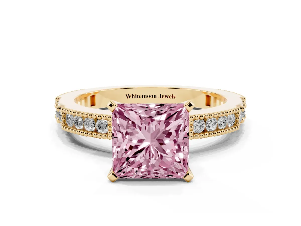 Fancy Pink Princess Cut Solitaire with Pavé Band and Four-Prong Setting Yellow gold