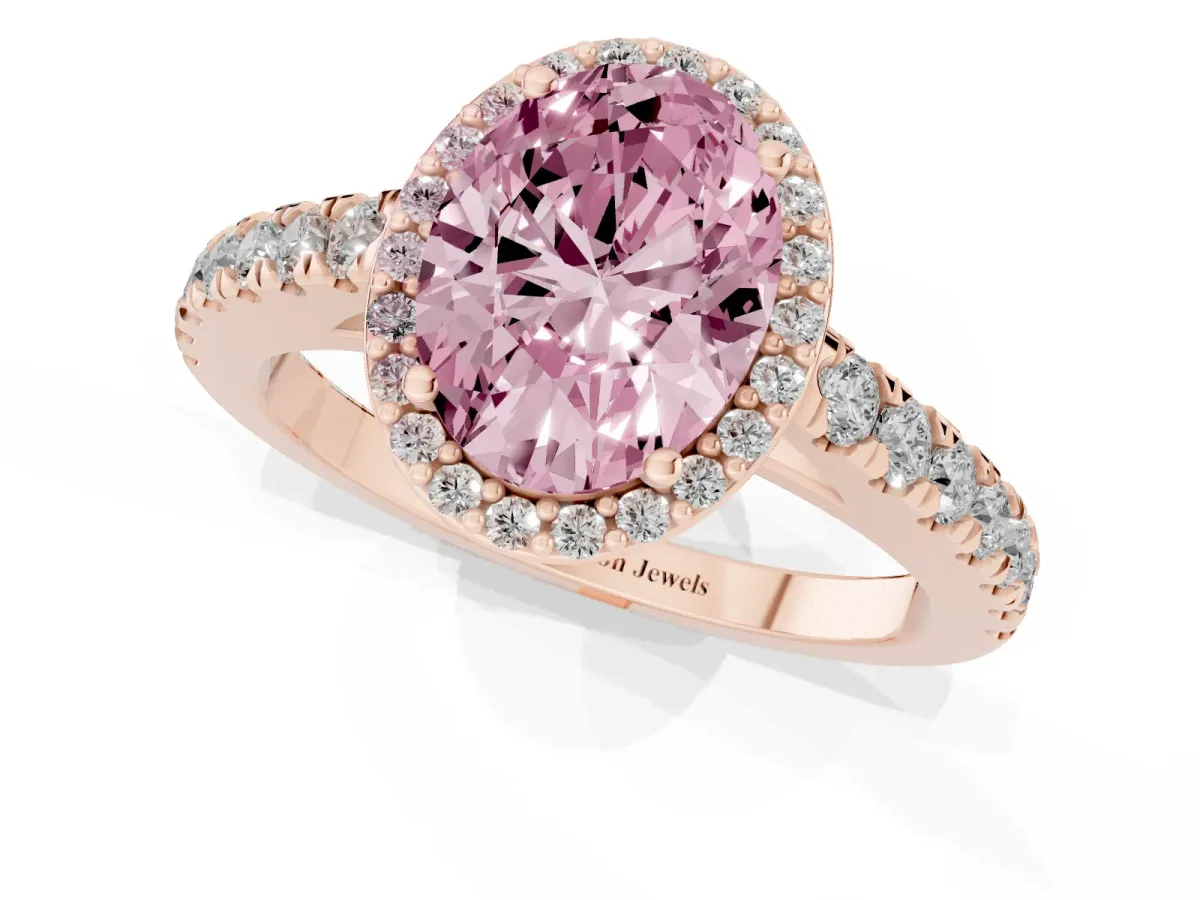 Fancy Pink Oval Cut Cut Halo Diamond Engagement Ring with Pave Band and Four-Prong Setting Rose gold