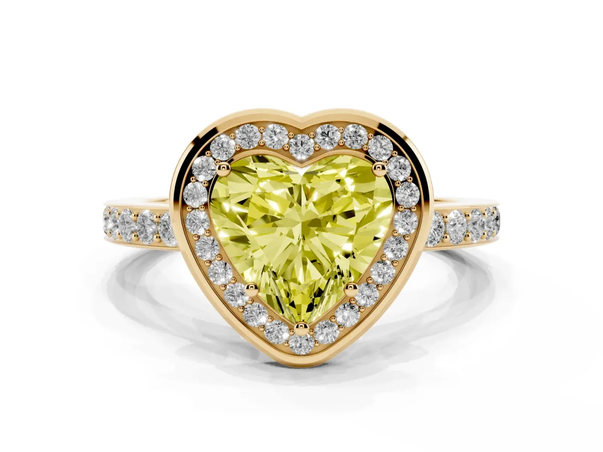 Fancy Yellow Heart Cut Diamond Halo Ring with Bezel Frame and Pavé Band Yellow gold