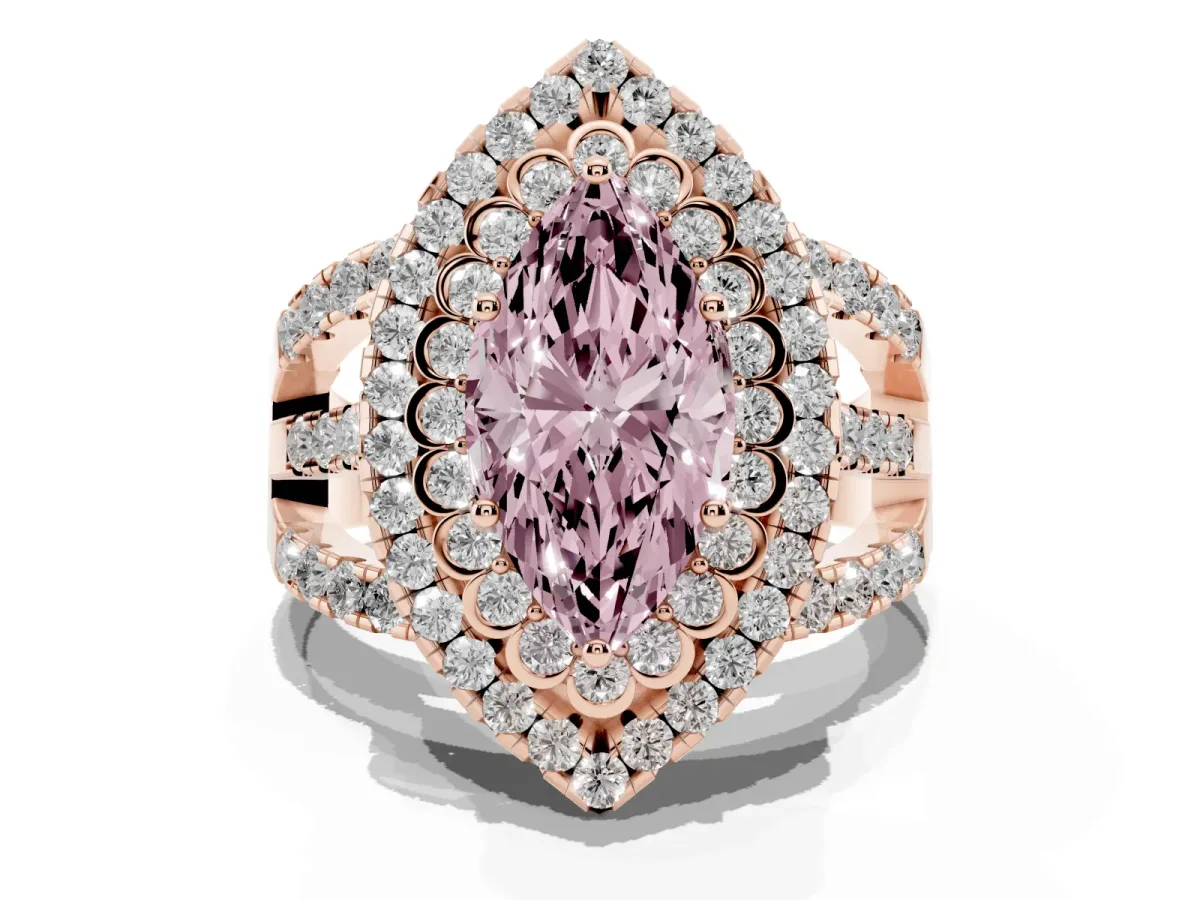 Fancy Pink Marquise Cut Diamond Double Halo Ring with Round Pavé Split Shank and Prong Setting Rose gold