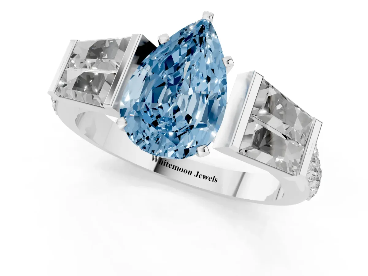 Fancy Blue Pear Cut Diamond Engagement Ring with Baguette Side Stones and Channel Set Band Platinum