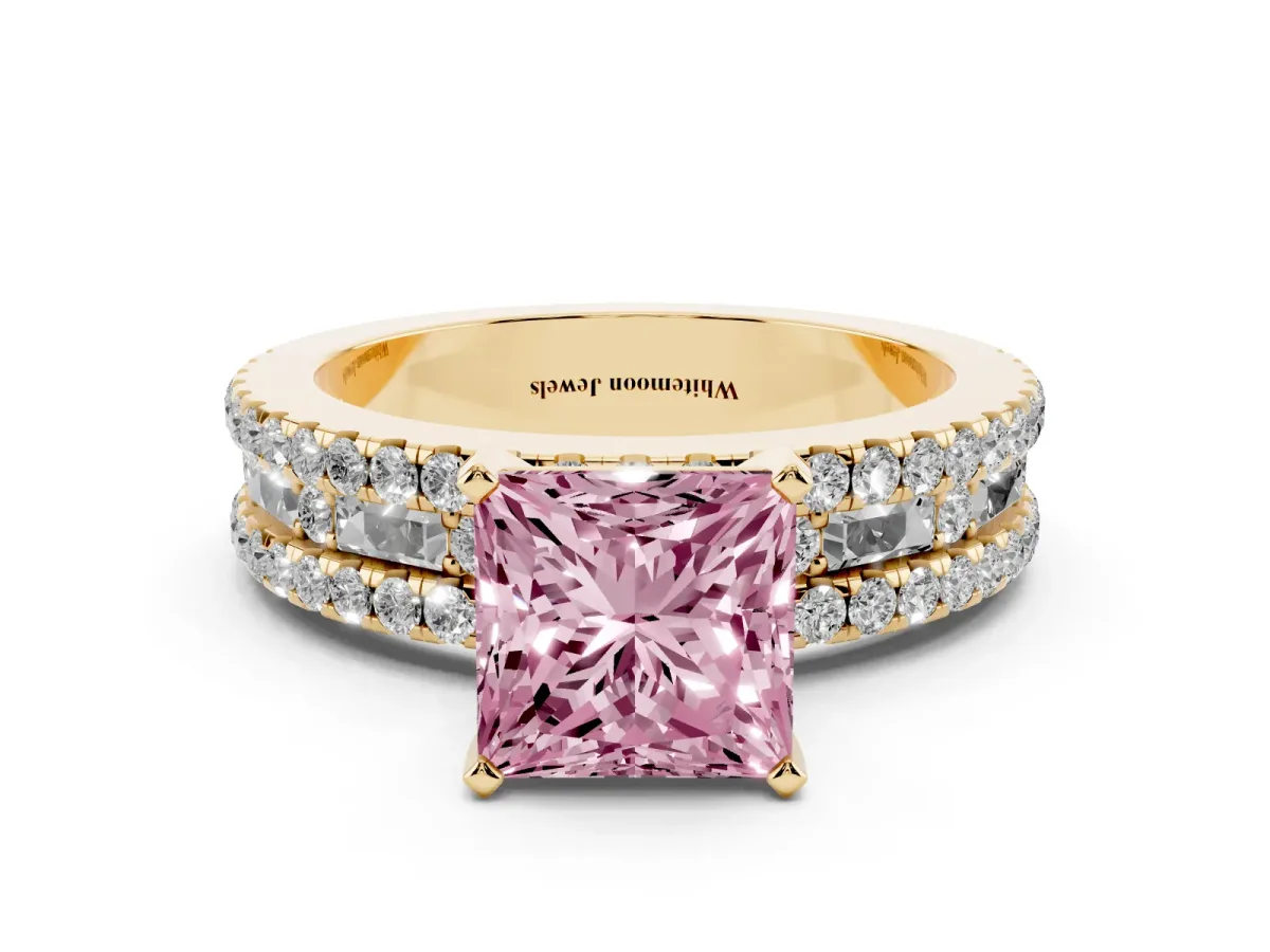 Fancy Pink Princess Cut Diamond Solitaire Ring with Pavé and Channel Set Band Yellow gold