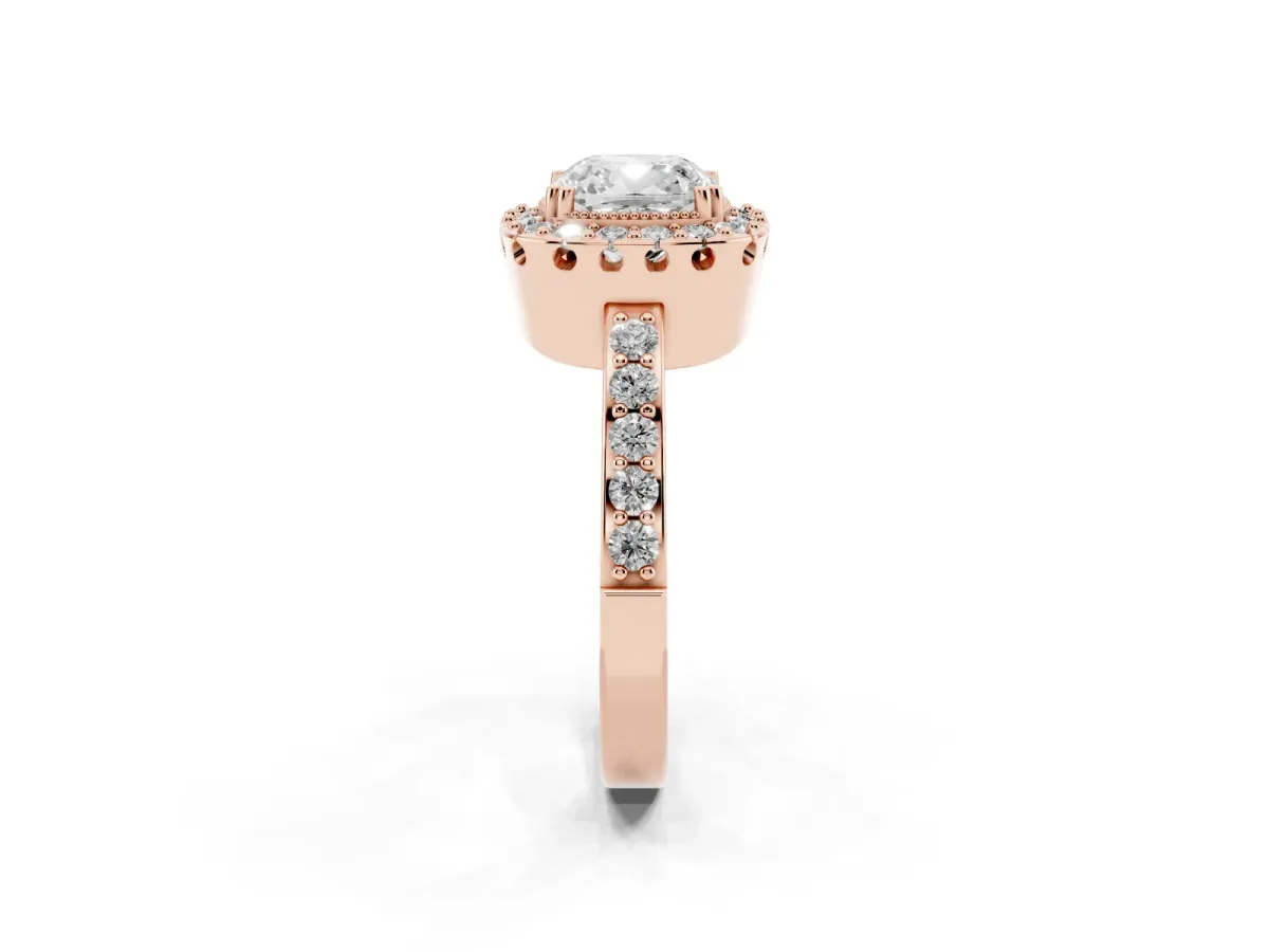 Cushion Cut Diamond Halo Ring with Pavé Band and Prong Setting Rose gold