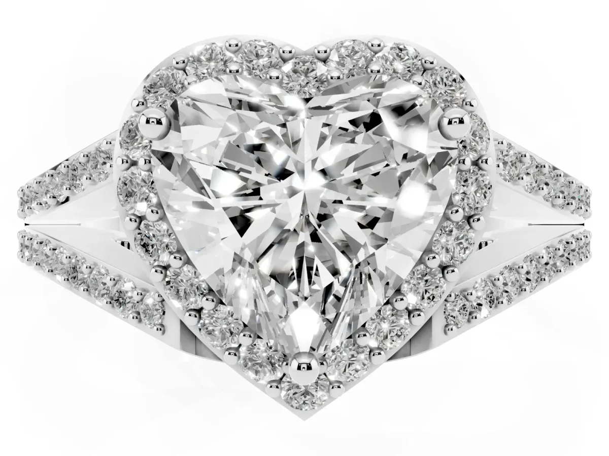 Heart Cut Halo Split Shank Diamond Ring with Prong Setting Silver