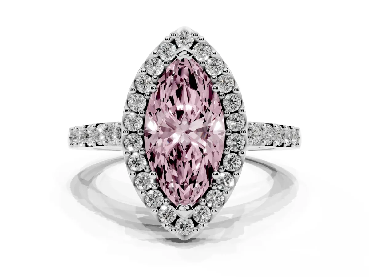 Fancy Pink Marquise Cut Halo Diamond Pavé Solitaire Ring Silver