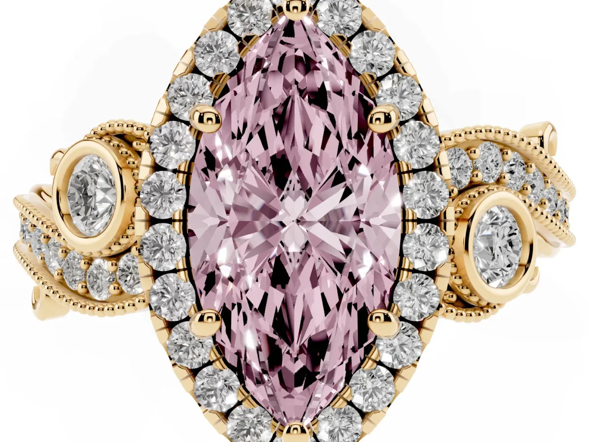 Fancy Pink Marquise Cut Halo Diamond Ring with Milgrain and Bezel Accents on a Split Shank Band Yellow gold