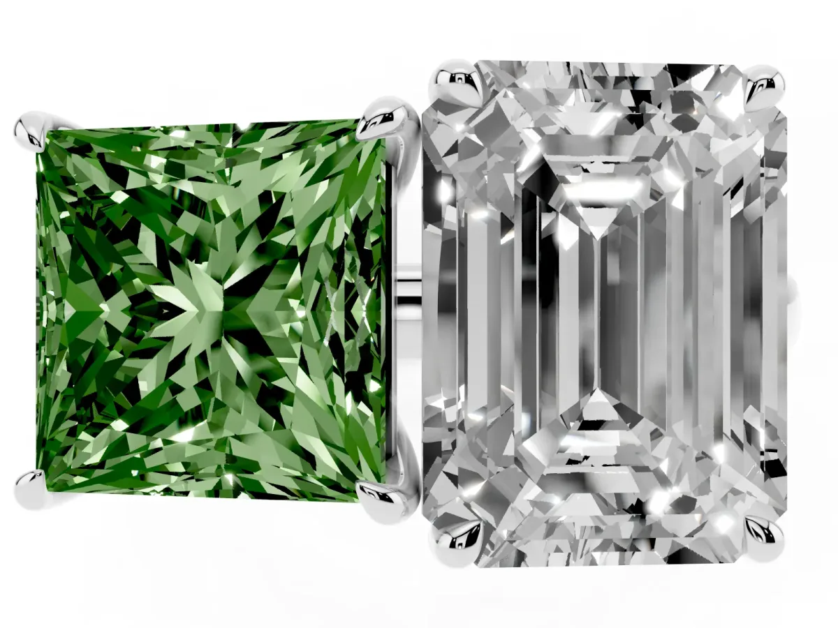 Fancy Green Princess Cut and Emerald Cut Toi Moi Ring with Prong Setting Silver