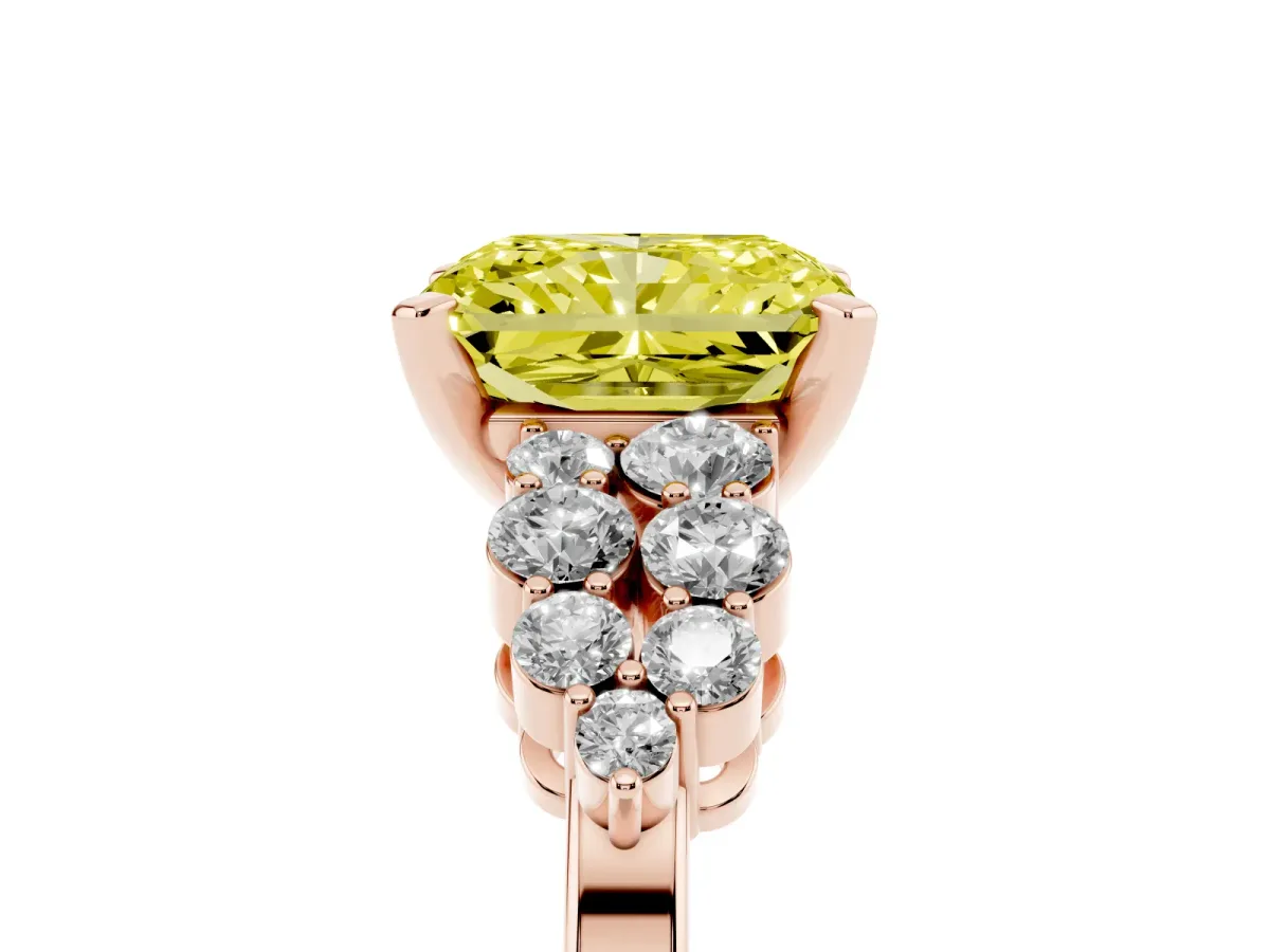 Fancy Yellow Radiant Cut Cluster Diamond Engagement Ring with Pavé Band and Four-Prong Setting Rose gold