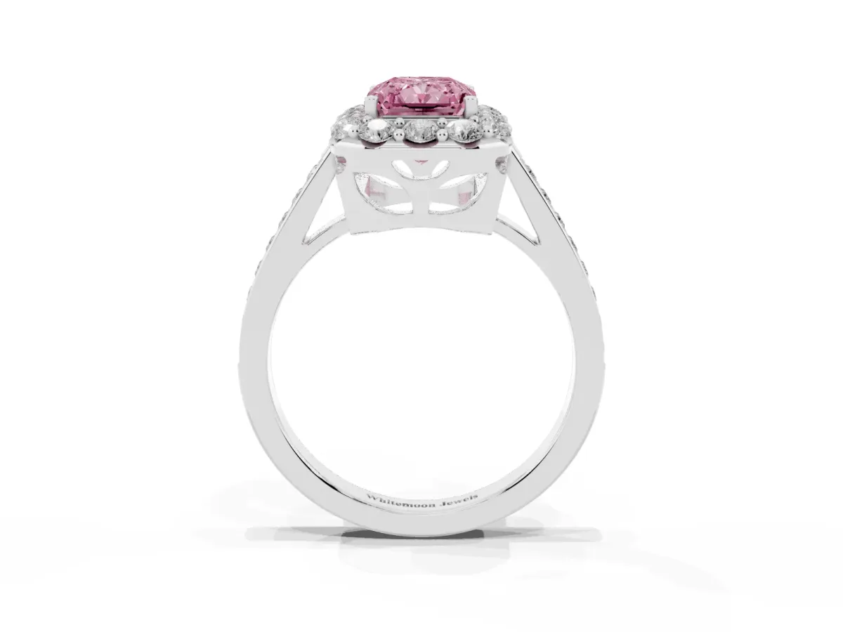 Fancy Pink Radiant Cut Diamond Floral Halo Ring with Pavé Band and Prong Setting Platinum