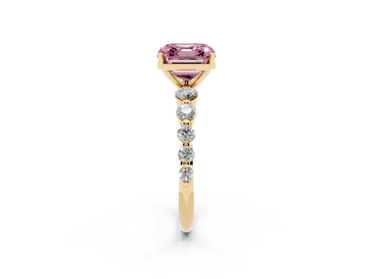 Fancy Pink Asscher Cut Solitaire Diamond Ring with Pave Band and Four-Prong Setting Yellow gold