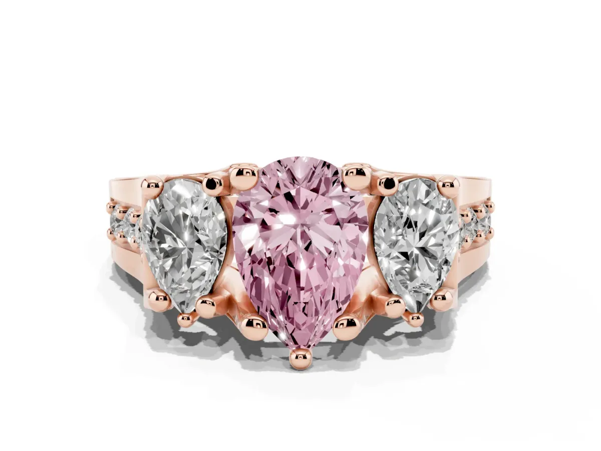 Fancy Pink Pear Cut Diamond Three-Stone Ring with Channel Set Band and Four-Prong Setting Rose gold