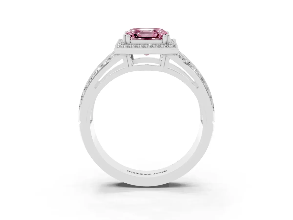 Fancy Pink Asscher Cut Diamond Halo Ring with Split Shank Pavé Band and Four-Prong Setting Silver