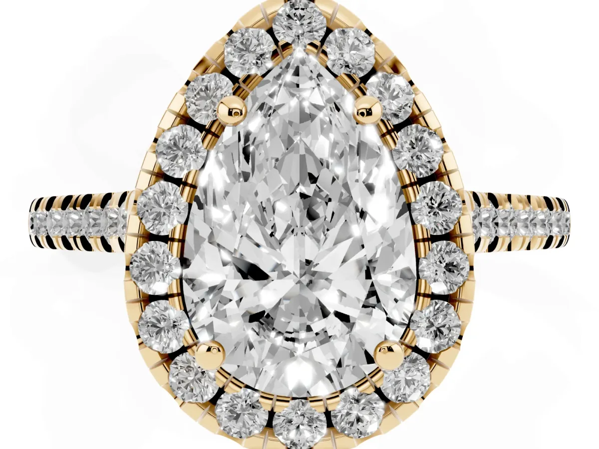 Pear Cut Diamond Cushion Halo Ring with Pavé Band Yellow gold