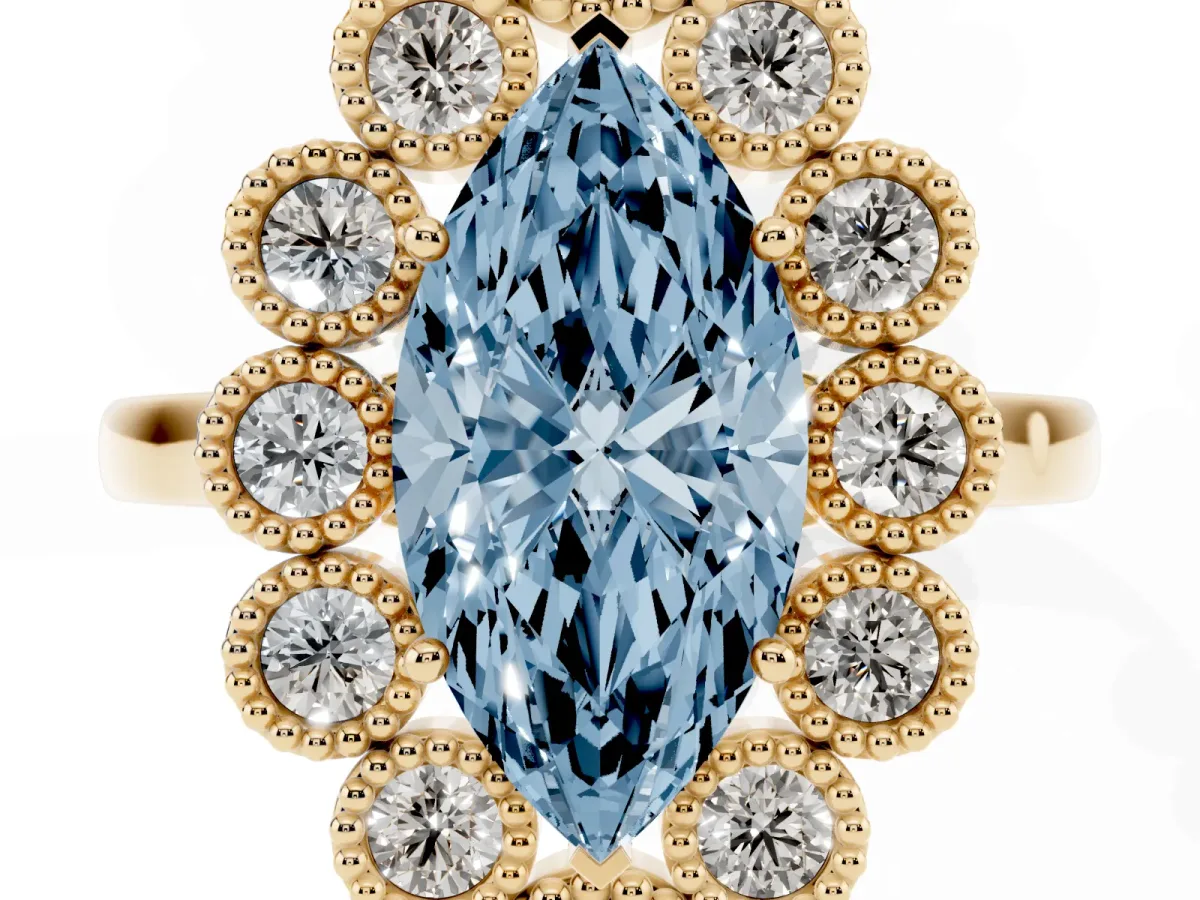 Fancy Blue Marquise Cut Halo Diamond Cluster Engagement Ring with Milgrain Bezel Setting and Solitaire Band Yellow gold