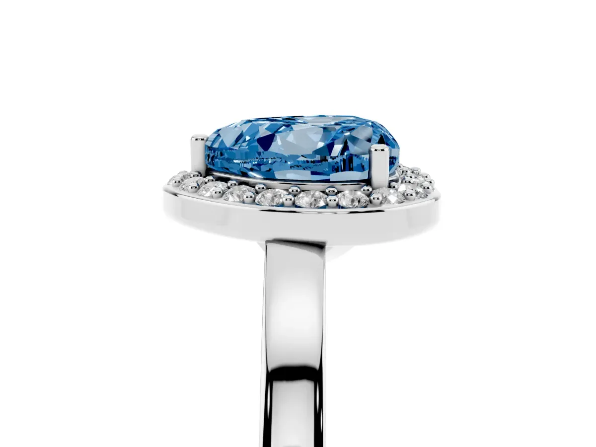 Fancy Blue Heart Cut Halo Diamond Ring with Solitaire Band and Prong Setting Silver