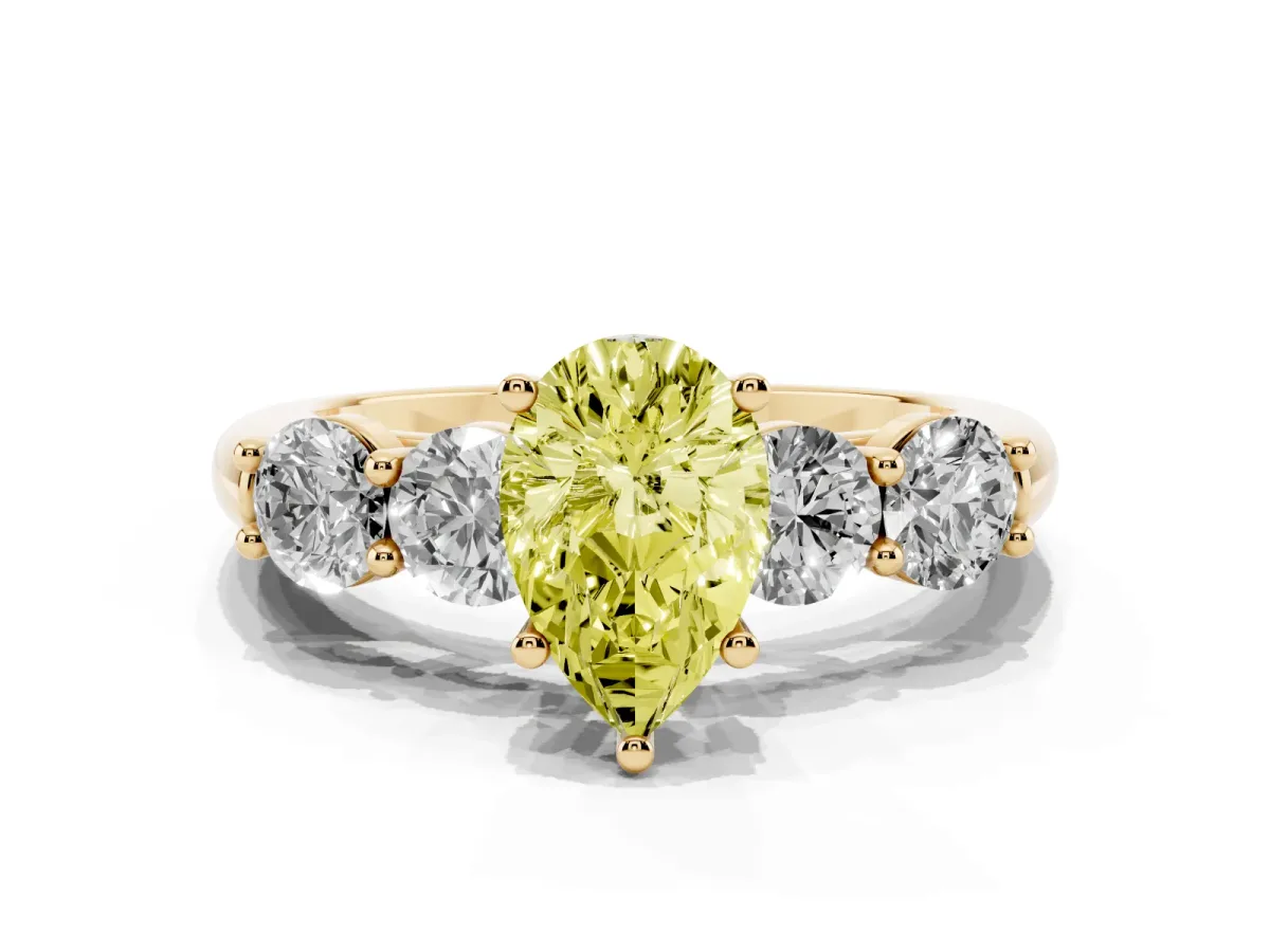 Fancy Yellow Pear Cut Cut Five-Stone Prong Set Diamond Ring with Classic Band Yellow gold