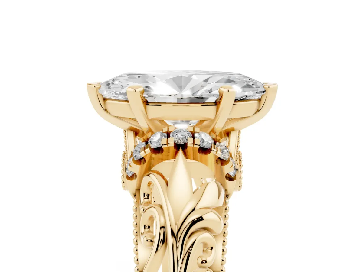 Marquise Cut Solitaire Filigree Engagement Ring with Halo and Prong Setting Yellow gold