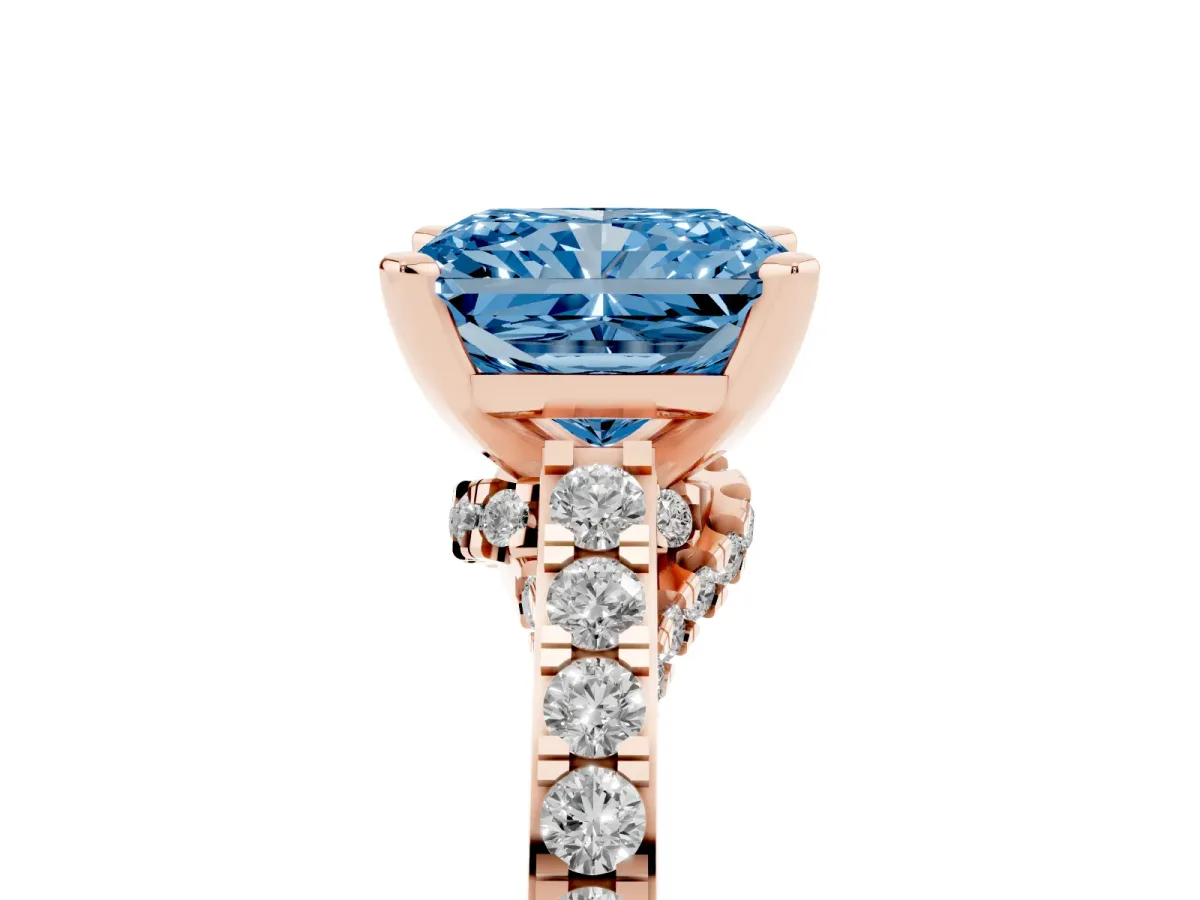 Fancy Blue Radiant Cut Diamond Solitaire Ring with Crossover Gallery and Round Pavé Band Rose gold