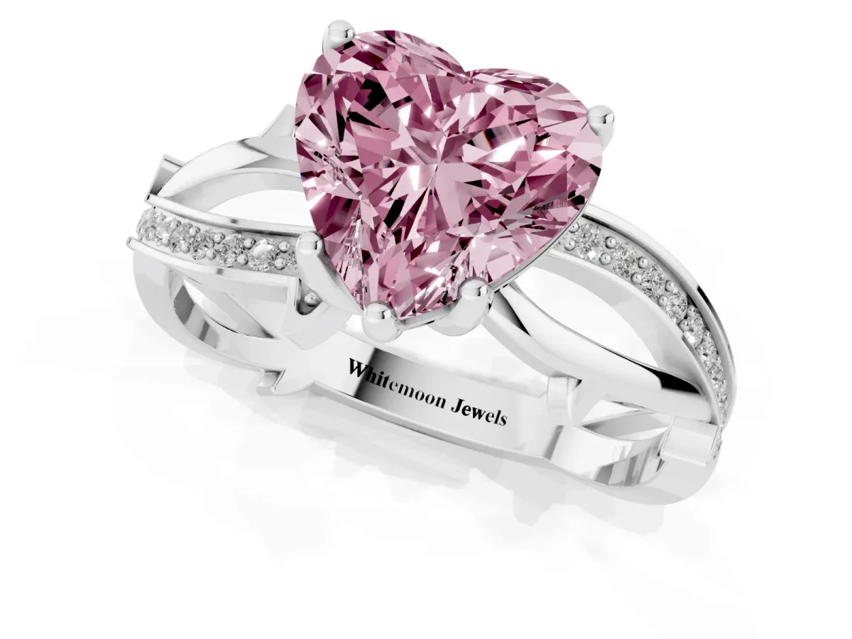Fancy Pink Heart Cut Solitaire Twist Band with Pavé Accents and Four-Prong Setting Silver