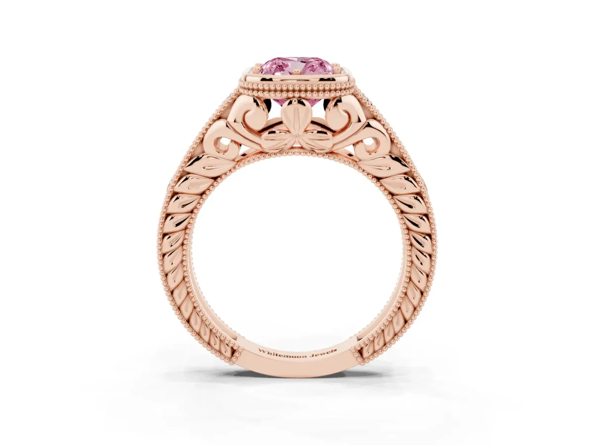 Fancy Pink Bezel Set Cushion Cut Diamond Milgrain Pave Engagement Ring Rose gold