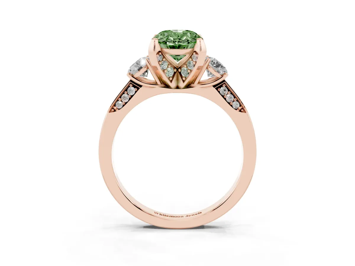 Fancy Green Oval Cut Brilliant Three-Stone Diamond Ring with Pavé Band and Four-Prong Setting Rose gold