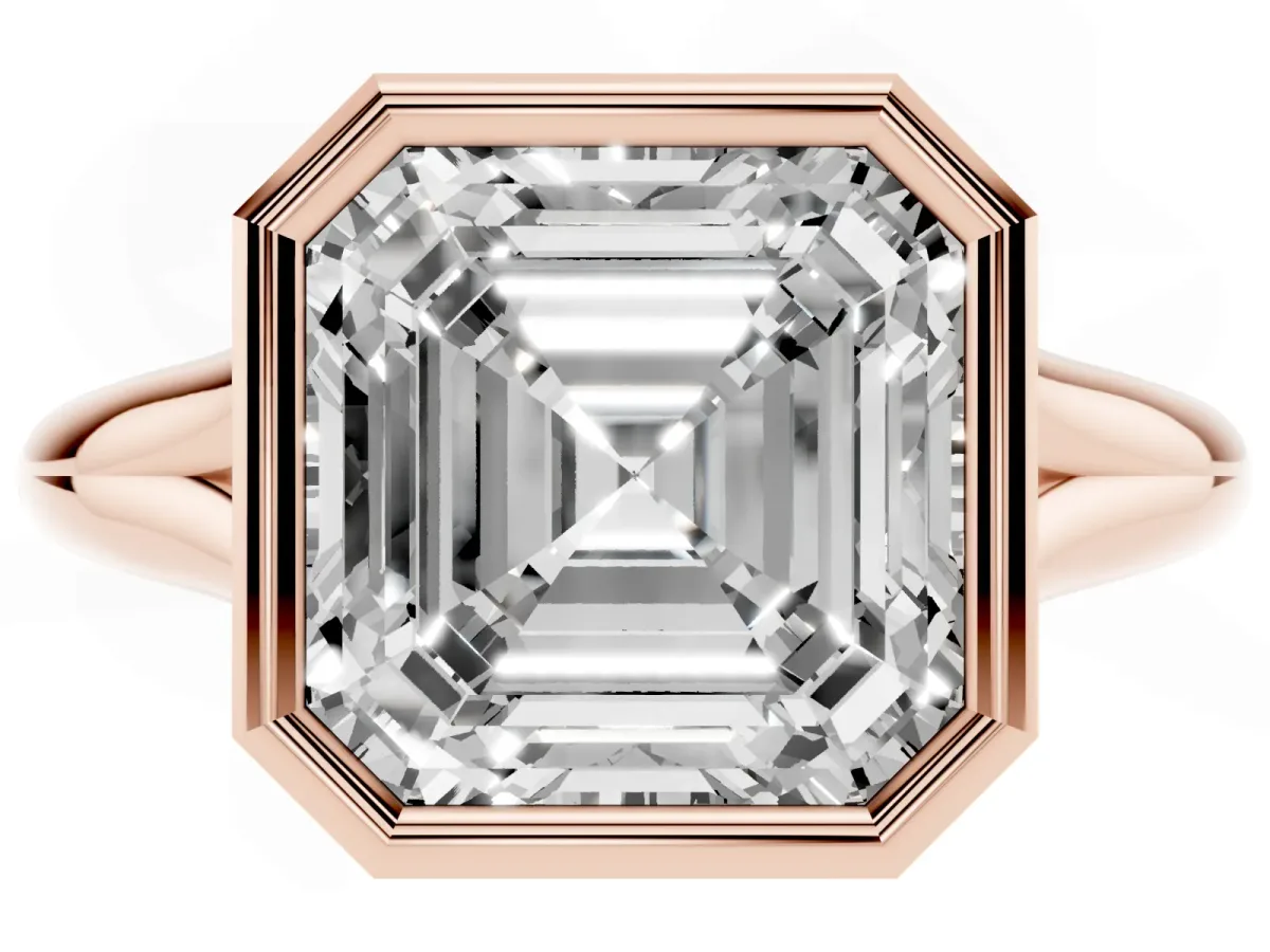 Bezel Set Asscher Cut Solitaire Diamond Ring with Smooth Band Rose gold
