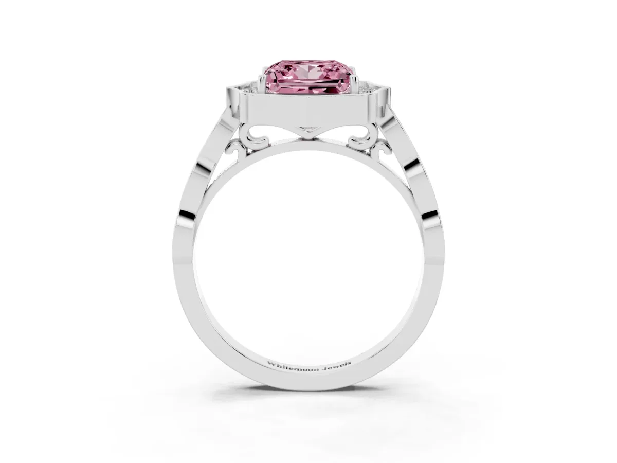 Fancy Pink Princess Cut Halo Diamond Engagement Ring with Milgrain Band and Four-Prong Setting Silver
