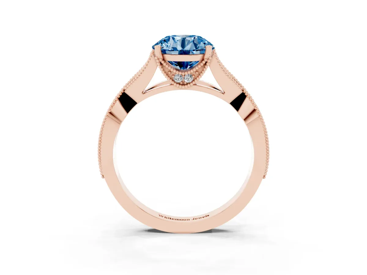 Fancy Blue Round Cut Cut Diamond Twisted Band with Milgrain Pave Setting and Four-Prong Setting Rose gold