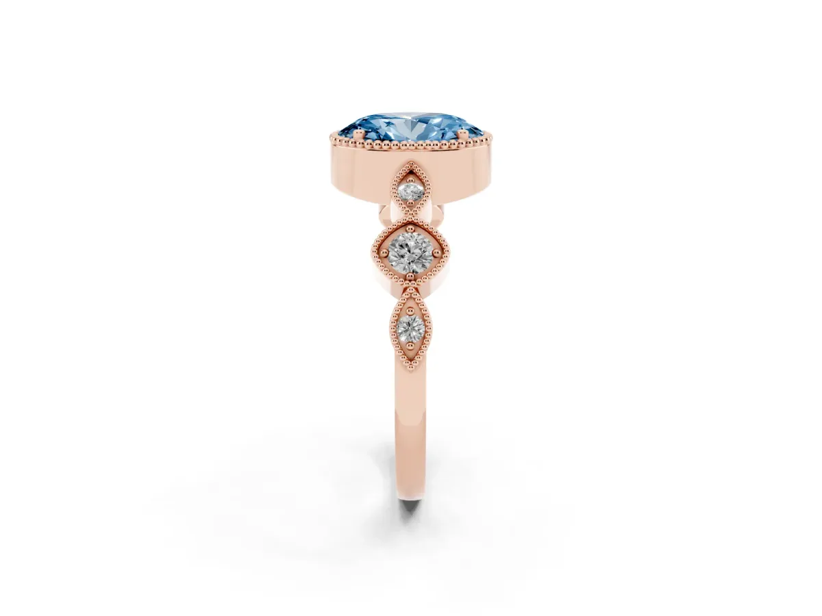 Fancy Blue Oval Cut Diamond Vintage Milgrain Ring with Round Stations Rose gold