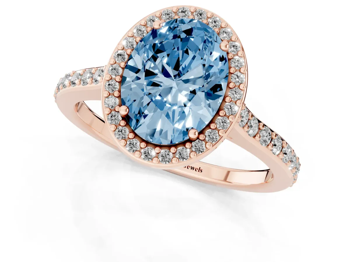 Fancy Blue Oval Cut Diamond Halo Engagement Ring with Round Pavé Shoulders and Prong Setting Rose gold