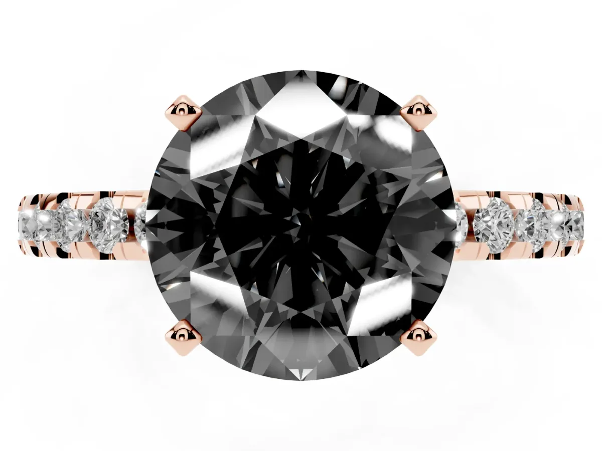 Fancy Black Round Cut Diamond Solitaire Ring with Round Pavé Band and Four-Prong Setting Rose gold