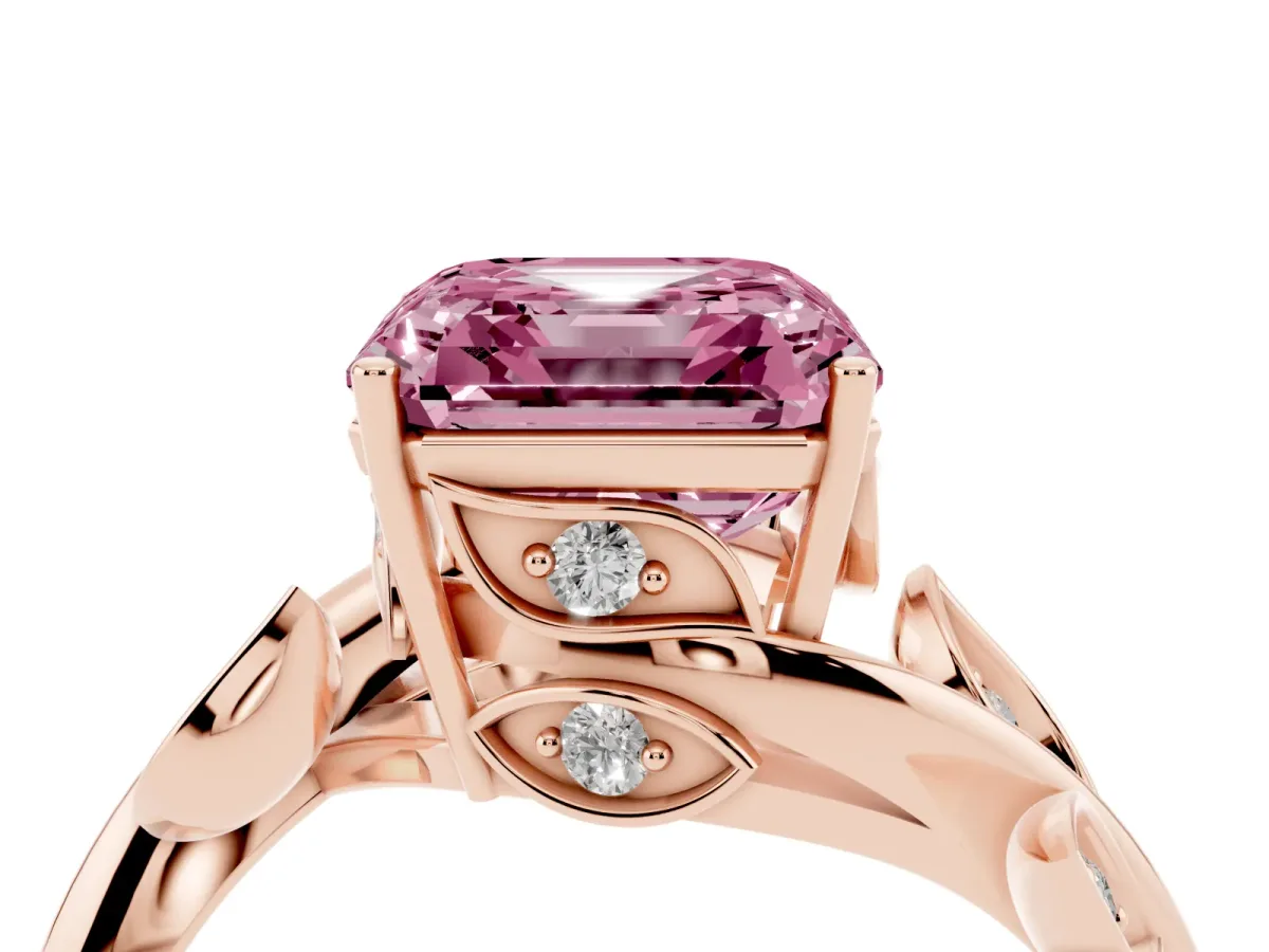 Fancy Pink Asscher Cut Solitaire Twist Engagement Ring with Leaf Accents and Prong Setting Rose gold