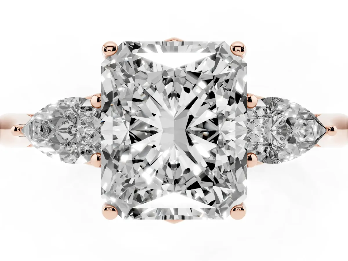 Three-Stone Radiant Cut Brilliant Diamond Solitaire Ring with Tapered Band and Four-Prong Setting Rose gold