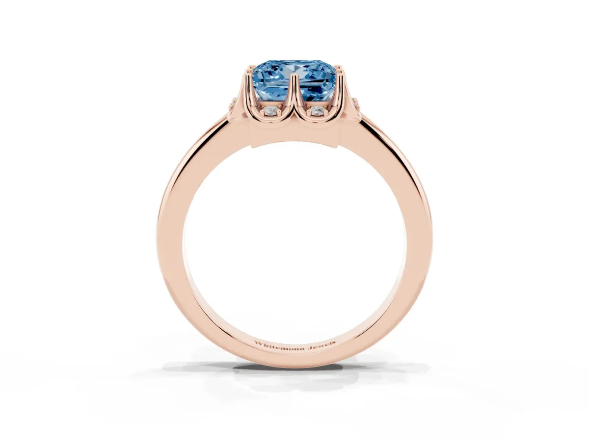 Fancy Blue Princess Cut Halo Diamond Ring with Round Cluster Setting, Solitaire Band, and Four-Prong Setting Rose gold
