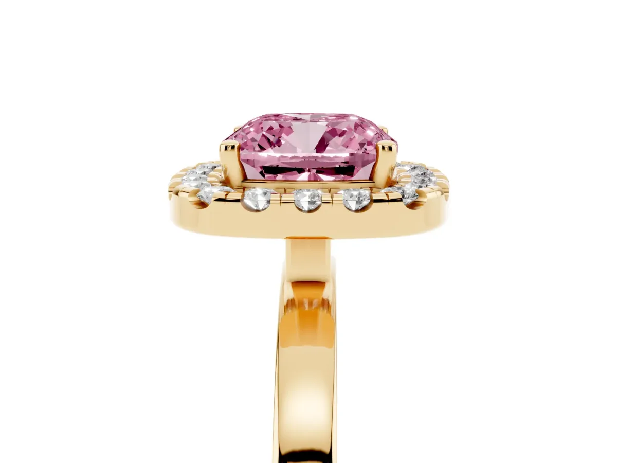 Fancy Pink Cushion Cut Halo Diamond Solitaire with Pavé Band and Four-Prong Setting Yellow gold
