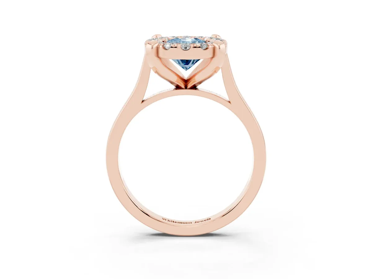 Fancy Blue Oval Cut Diamond Cluster Halo Solitaire with Four-Prong Setting Rose gold