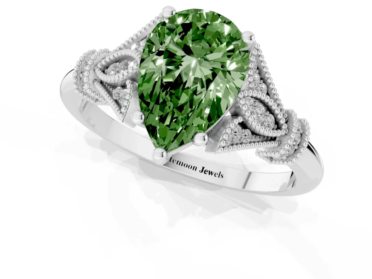 Fancy Green Pear Cut Diamond Solitaire Ring with Floral Filigree and Pave Accents Silver