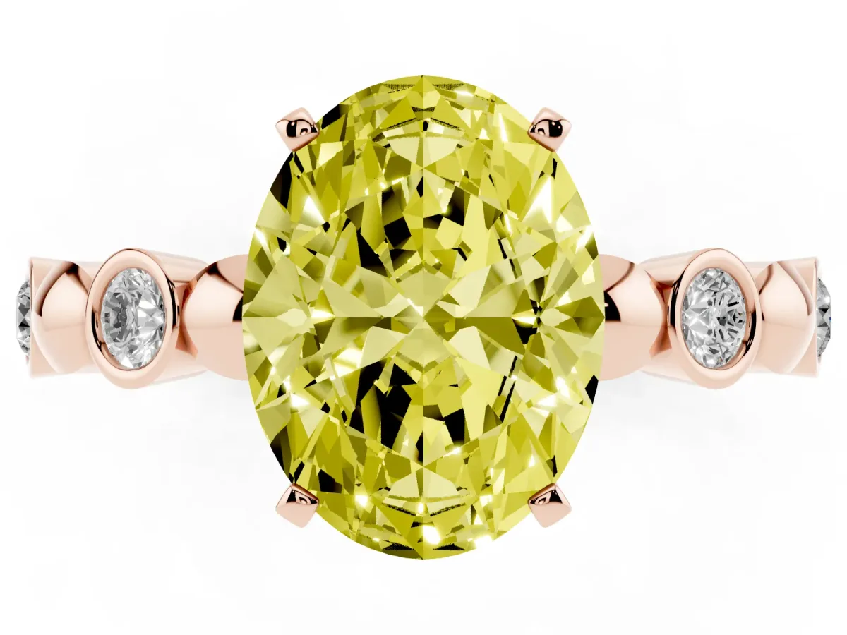 Fancy Yellow Oval Cut Solitaire Bezel-Set Diamond Ring with Beaded Band and Four-Prong Setting Rose gold