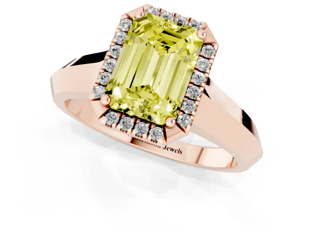Fancy Yellow Emerald Cut Halo Diamond Ring with Cathedral Band and Four-Prong Setting Rose gold