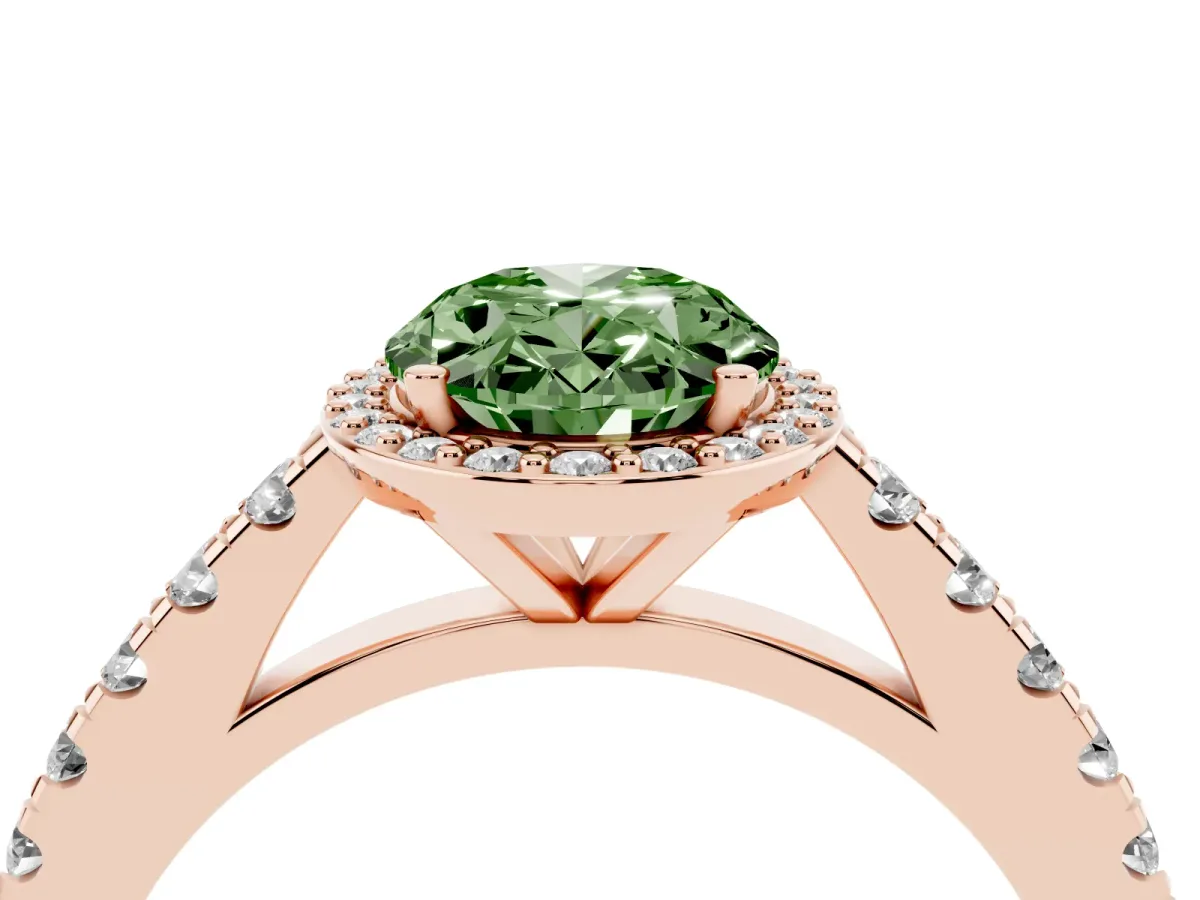 Fancy Green Oval Cut Cut Halo Diamond Engagement Ring with Pave Band and Four-Prong Setting Rose gold