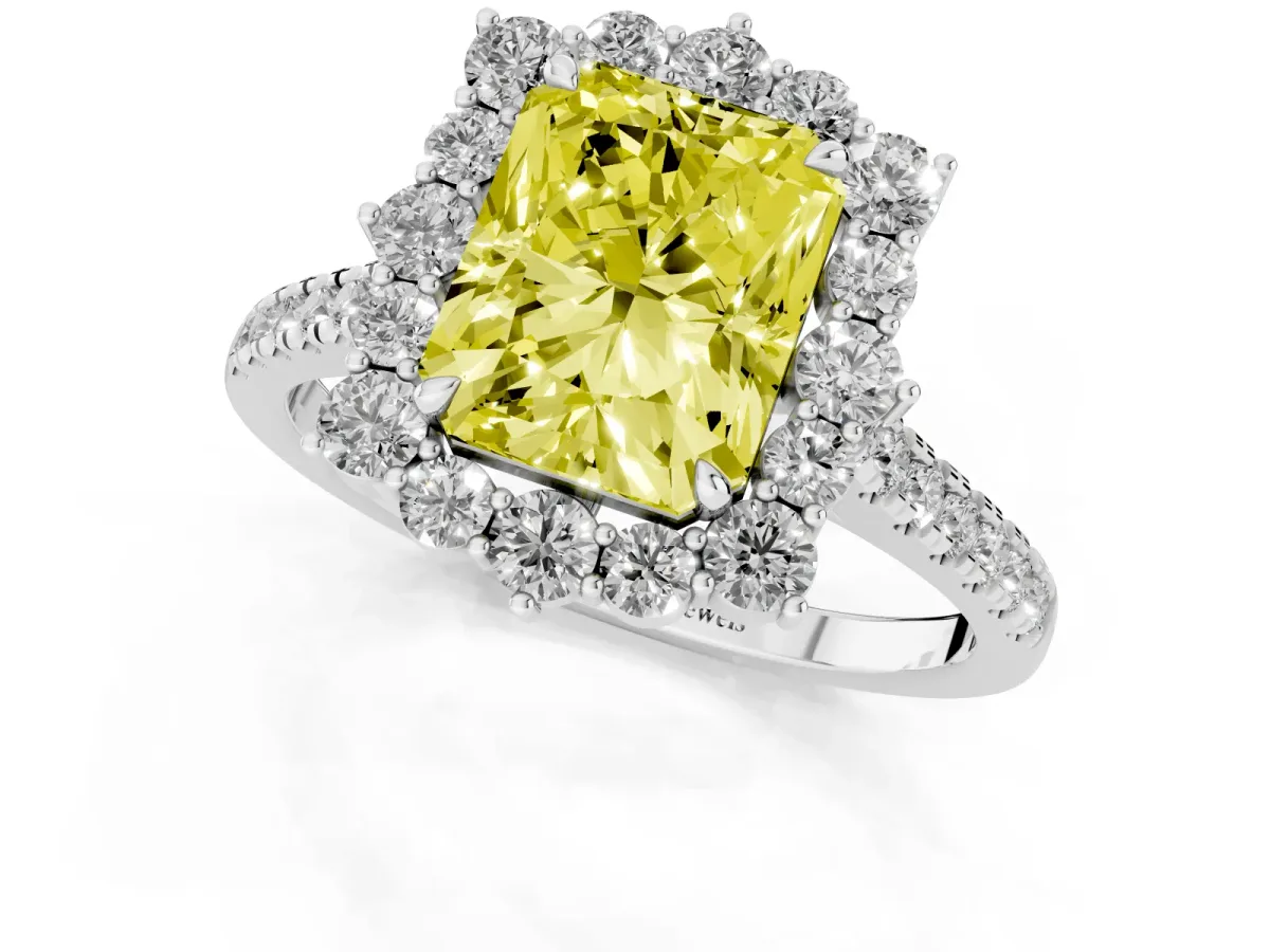 Fancy Yellow Radiant Cut Halo Diamond Ring with Pavé Band and Prong Setting Platinum
