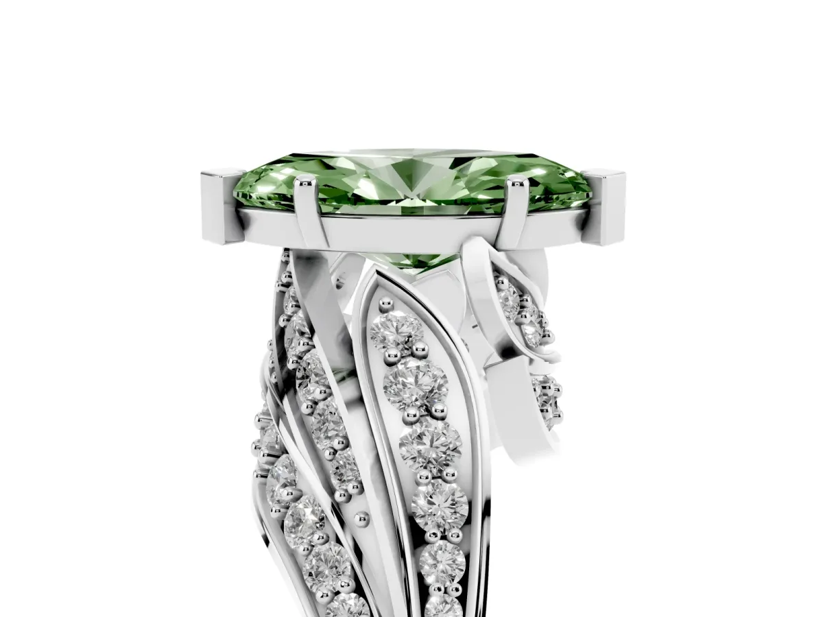 Fancy Green Marquise Cut Diamond Solitaire Ring with Prong Setting and Twisted Pavé Band Silver