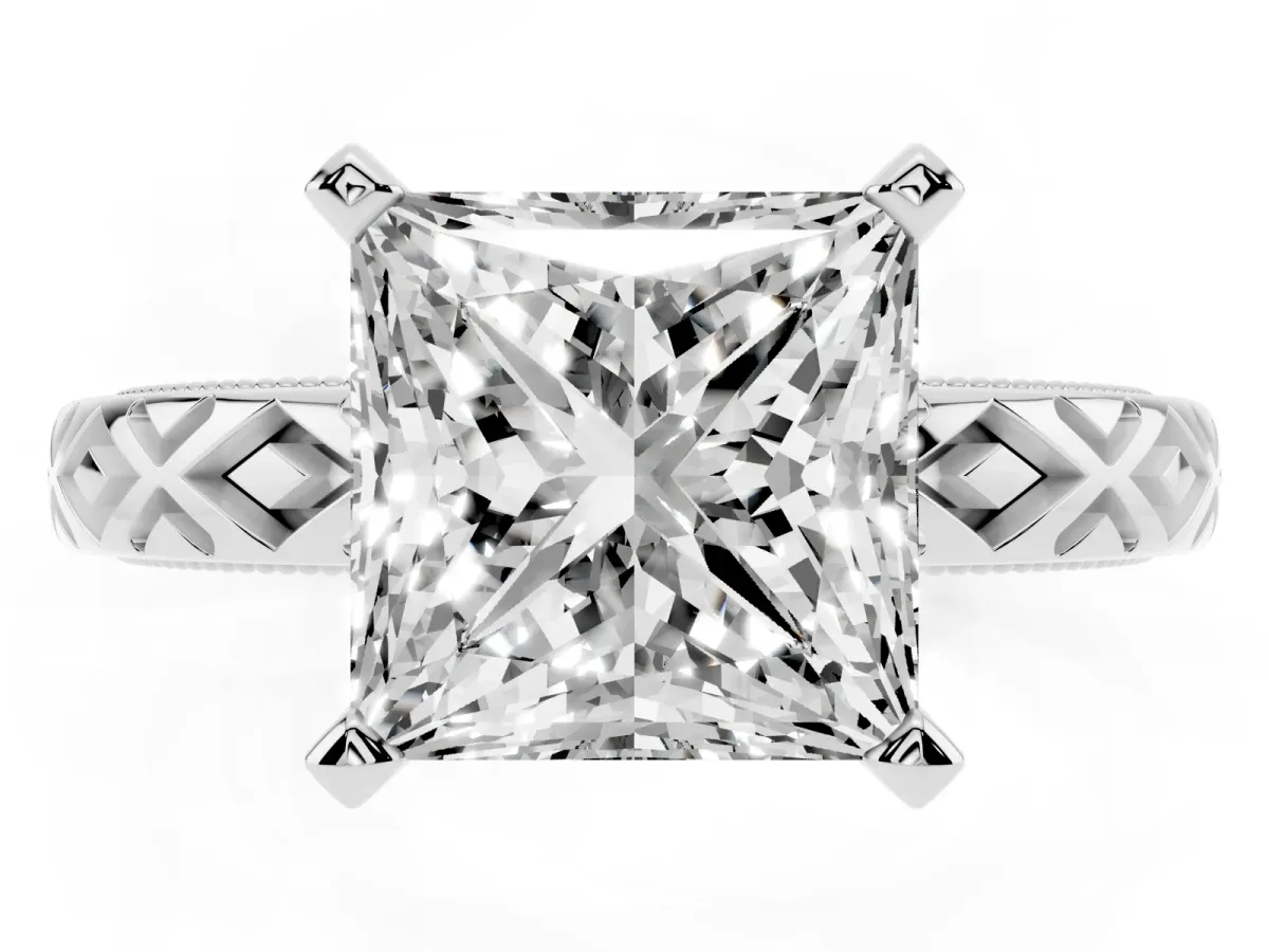 Princess Cut Solitaire Diamond Ring with Milgrain and Black Enamel X Pattern Band Silver