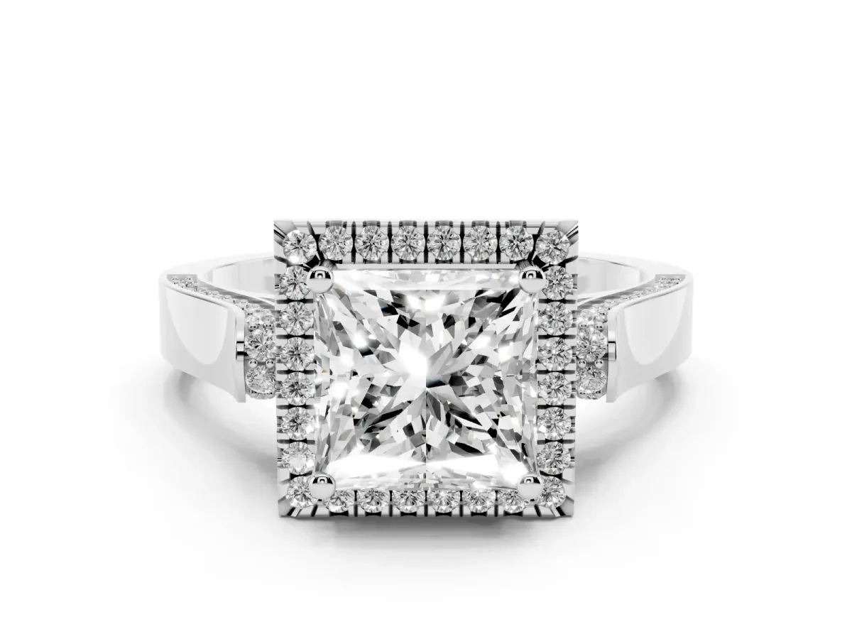 Princess Cut Halo Round Diamond Twist Band with Four-Prong Setting Silver
