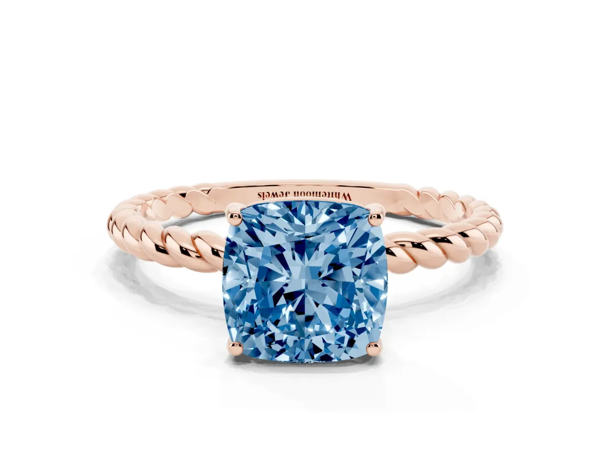 Fancy Blue Cushion Cut Solitaire Twist Band Ring with Four-Prong Setting Rose gold